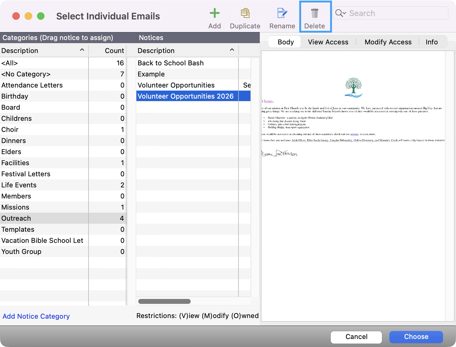 Select Individual Email window with a notice selected and the delete button highlighted.