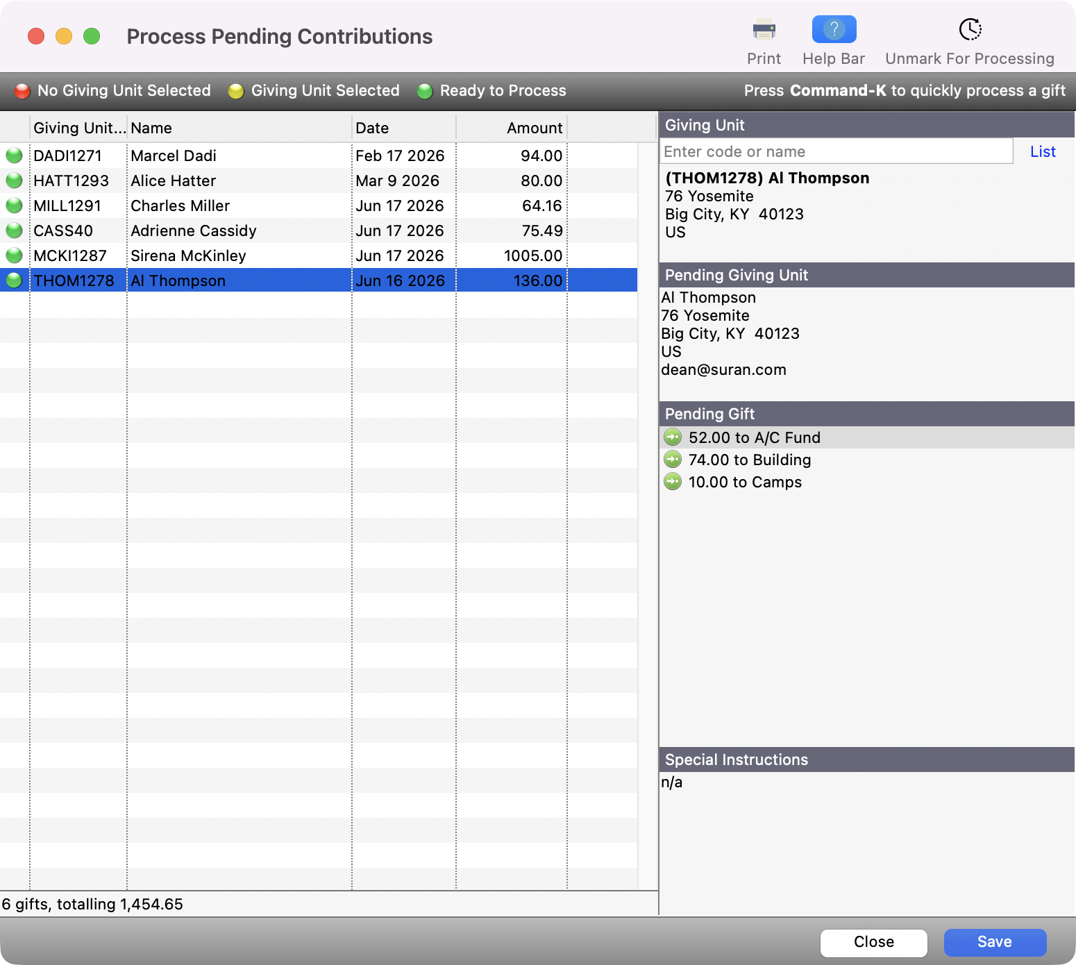 Process Pending Contributions window with all contributions showing with a green dot. 