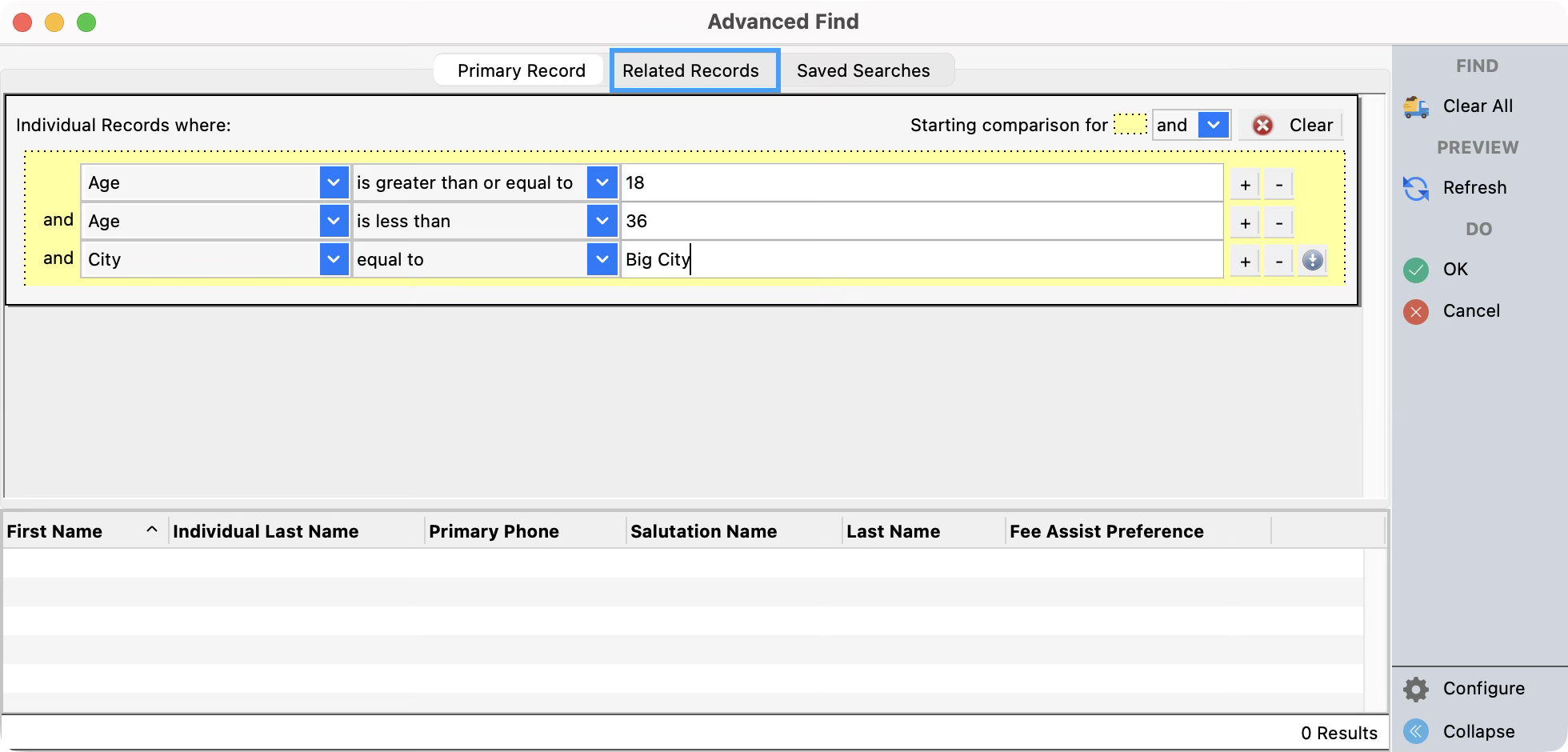 Advanced Find Window with Related Records tab highlighted.