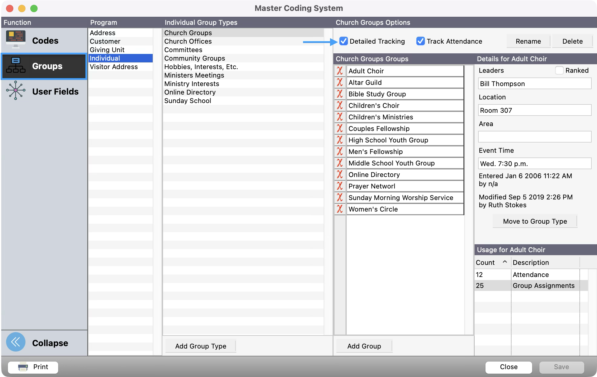 Master Coding System window with Groups highlighted and an arrow pointing to the Detailed Tracking button.