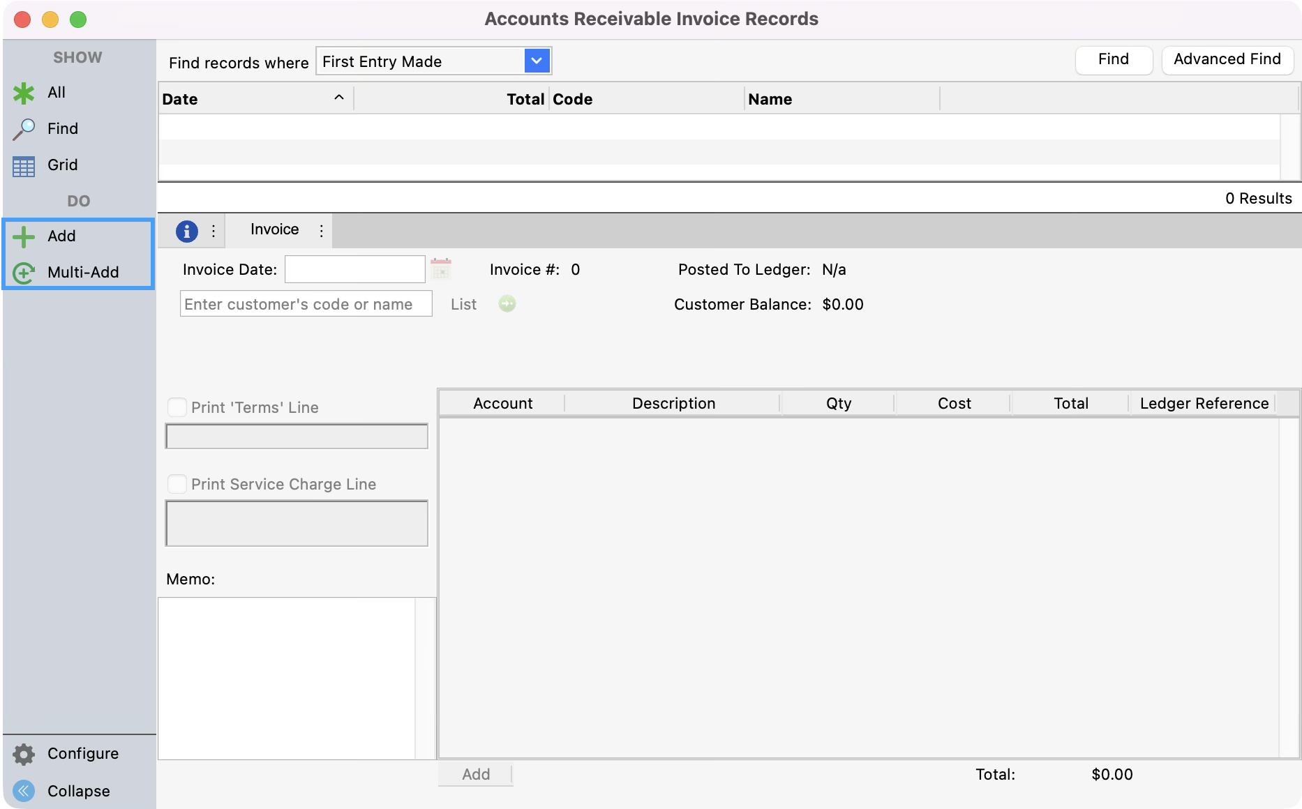Accounts Receivable Invoice Records window with Add and Multi-add highlighted in the left sidebar.