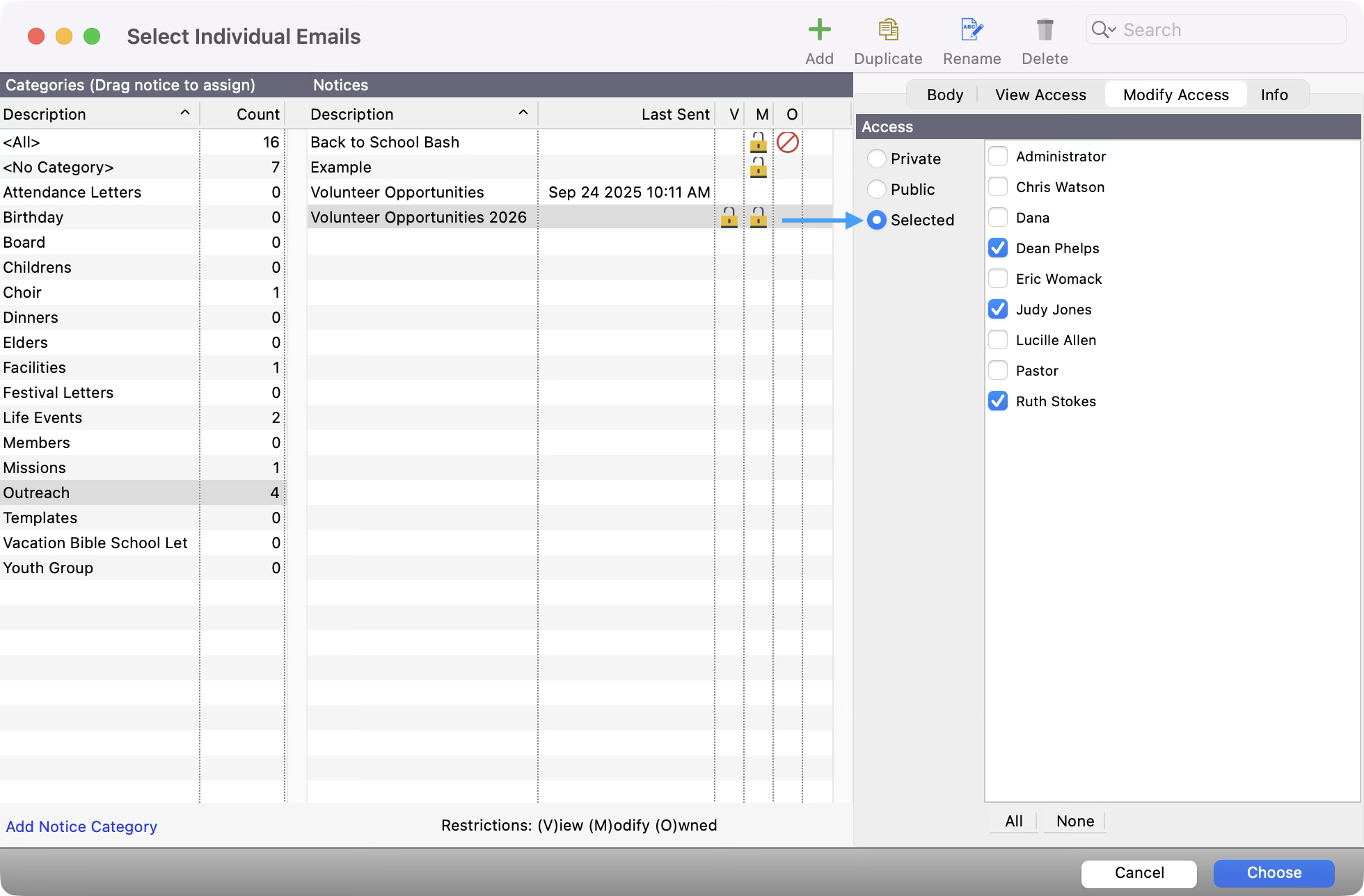 Select Individual Emails window with an arrow pointing to the Selected option for modify access. Users with a checkbox next to their name to assign modify permissions.