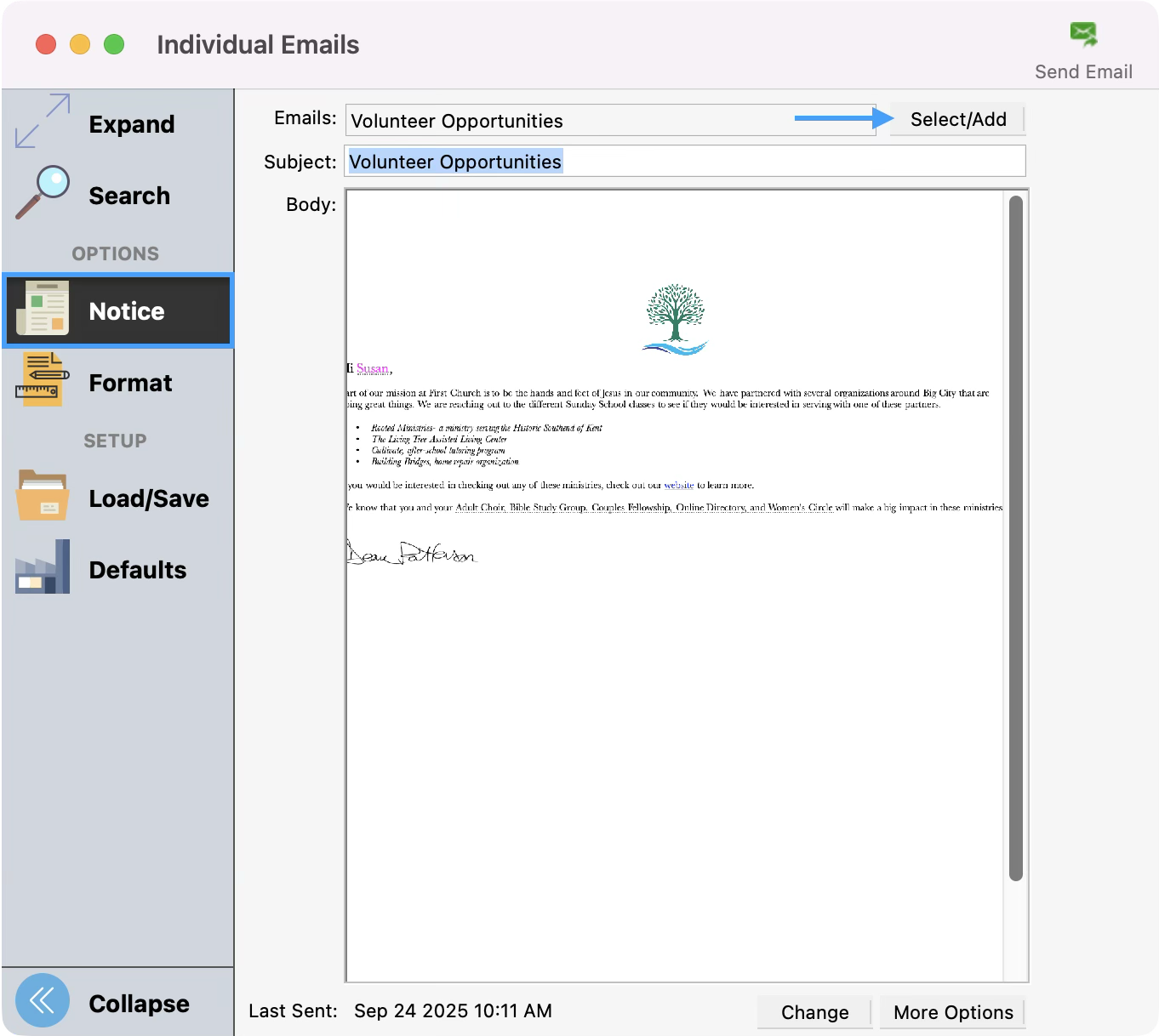 Individual Emails window with the Notice button highlighted in the left sidebar and an arrow pointing to the Select Add button.