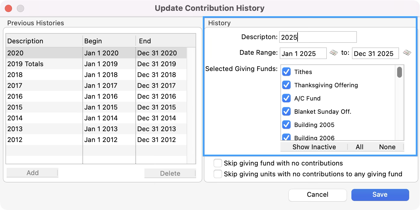 Update Contribution History window with the History section highlighted.