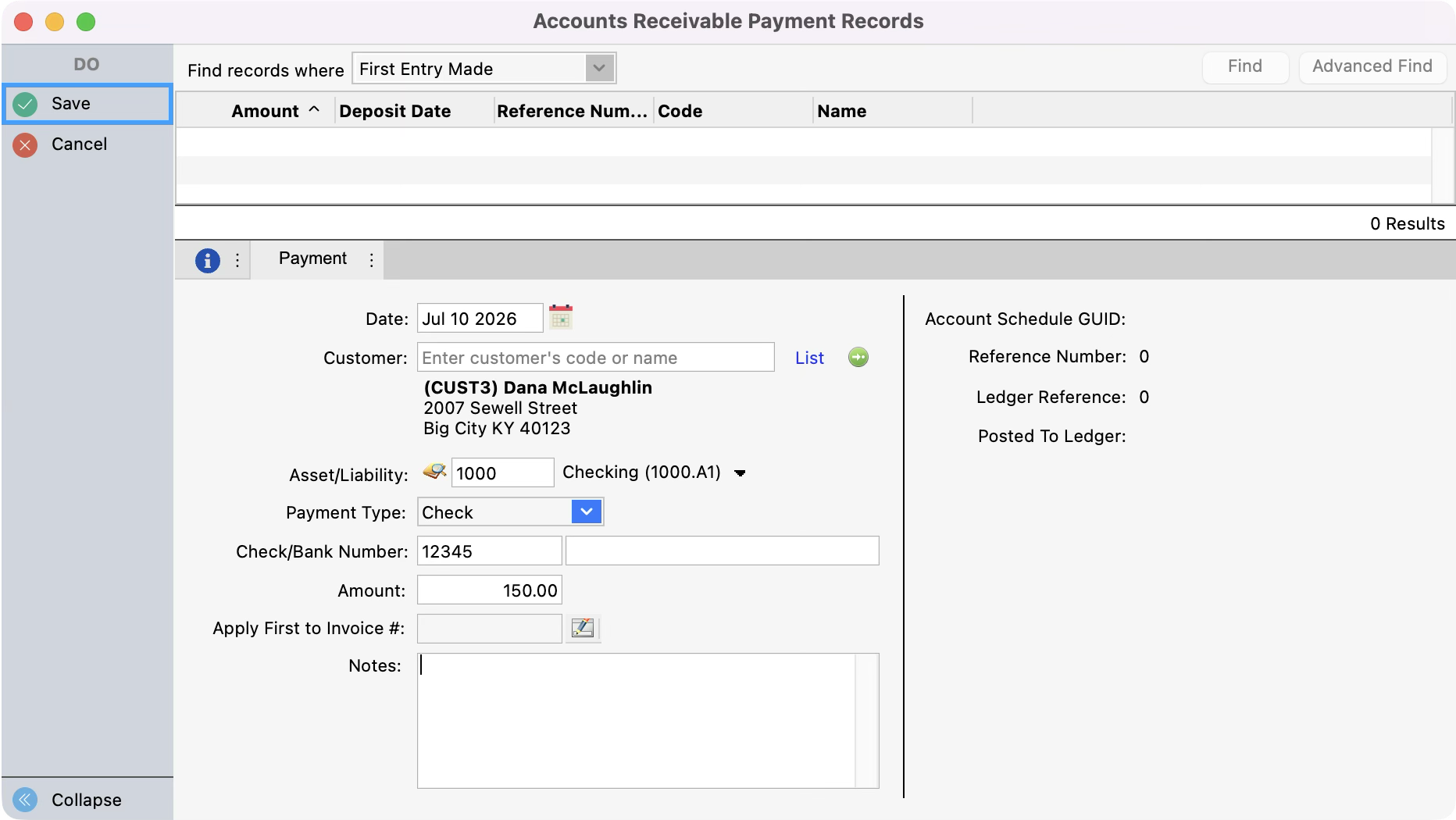 Accounts Receivable Payment Records window with save highlighted in the left-hand corner. 