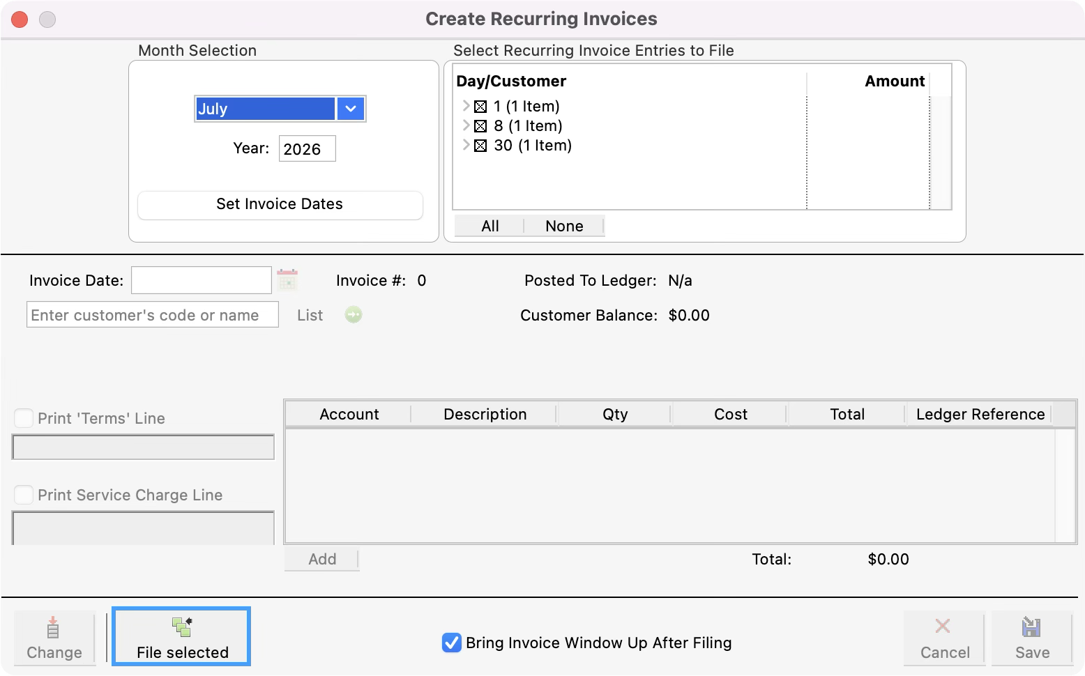 Create Recurring Invoices window with the File Selected button highlighted. 