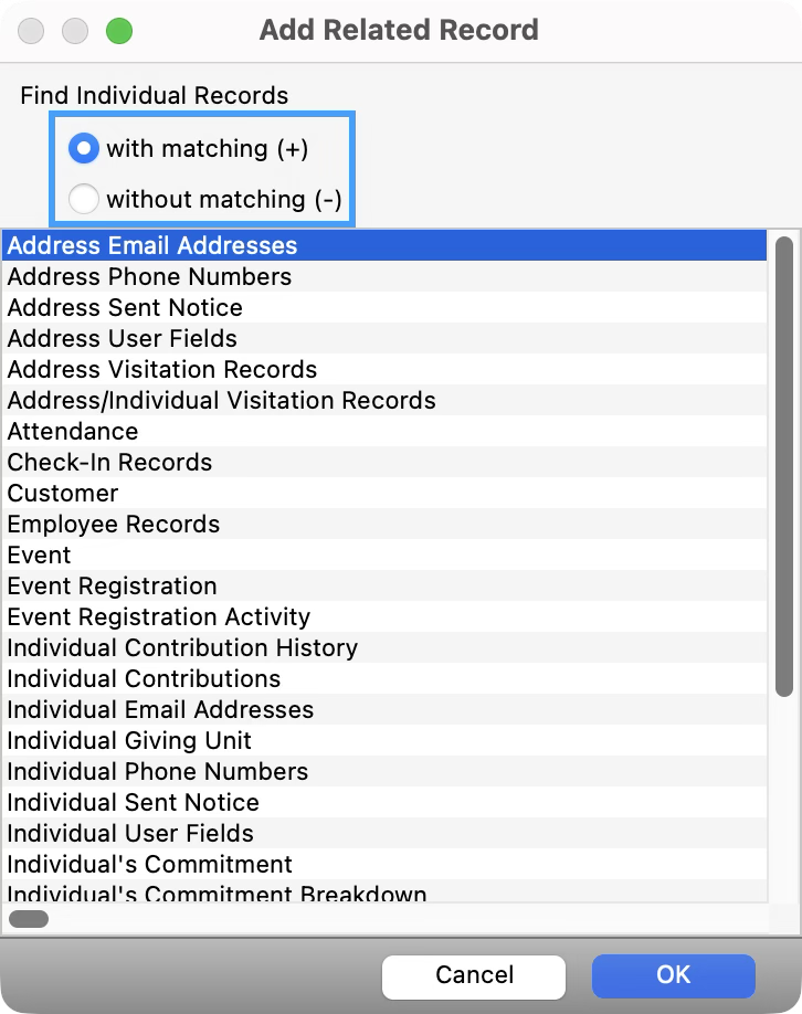 Add Related Record window pop-up.
