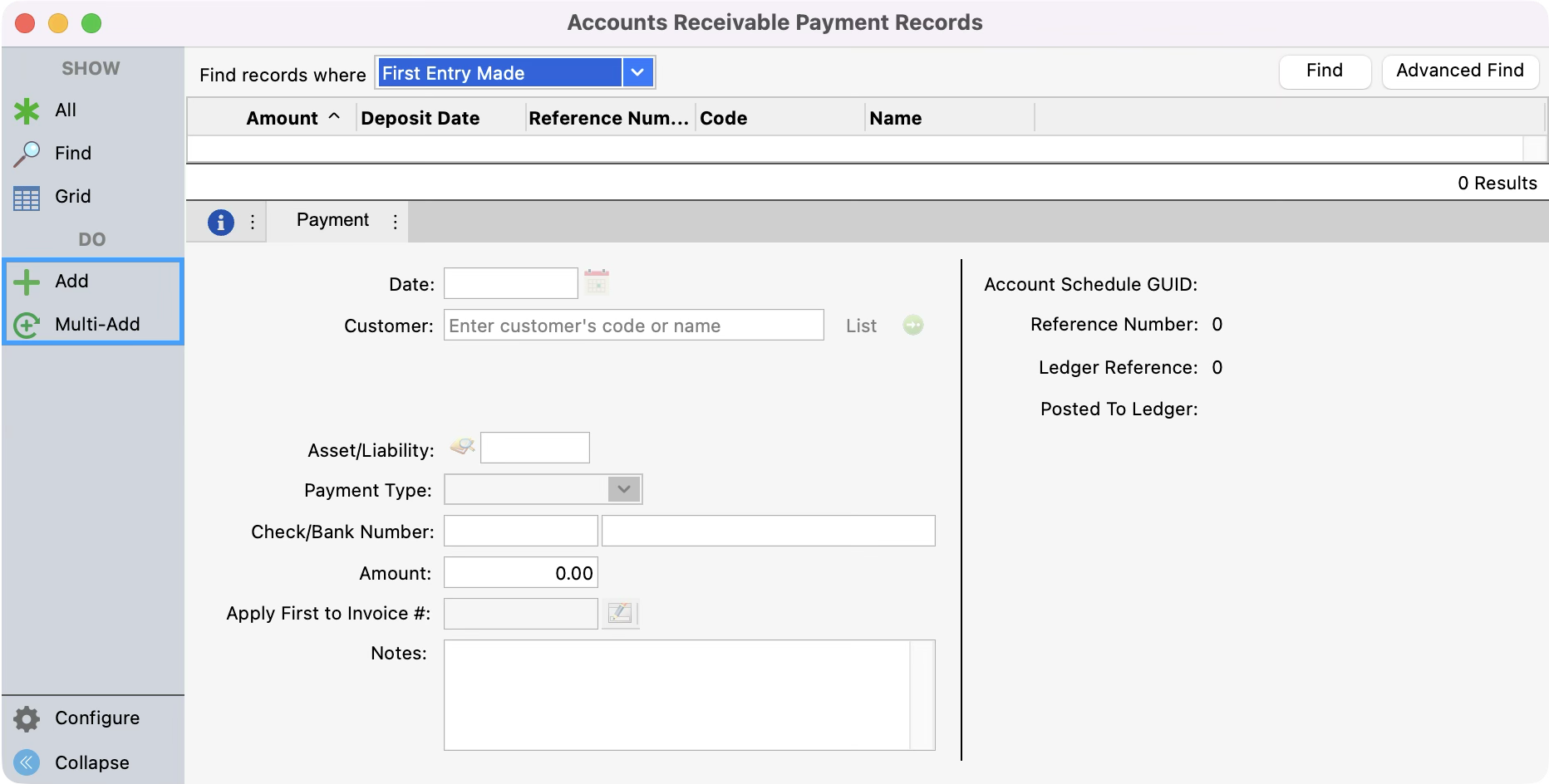 Accounts Receivable Payment Records window with add and multi-add highlighted. 