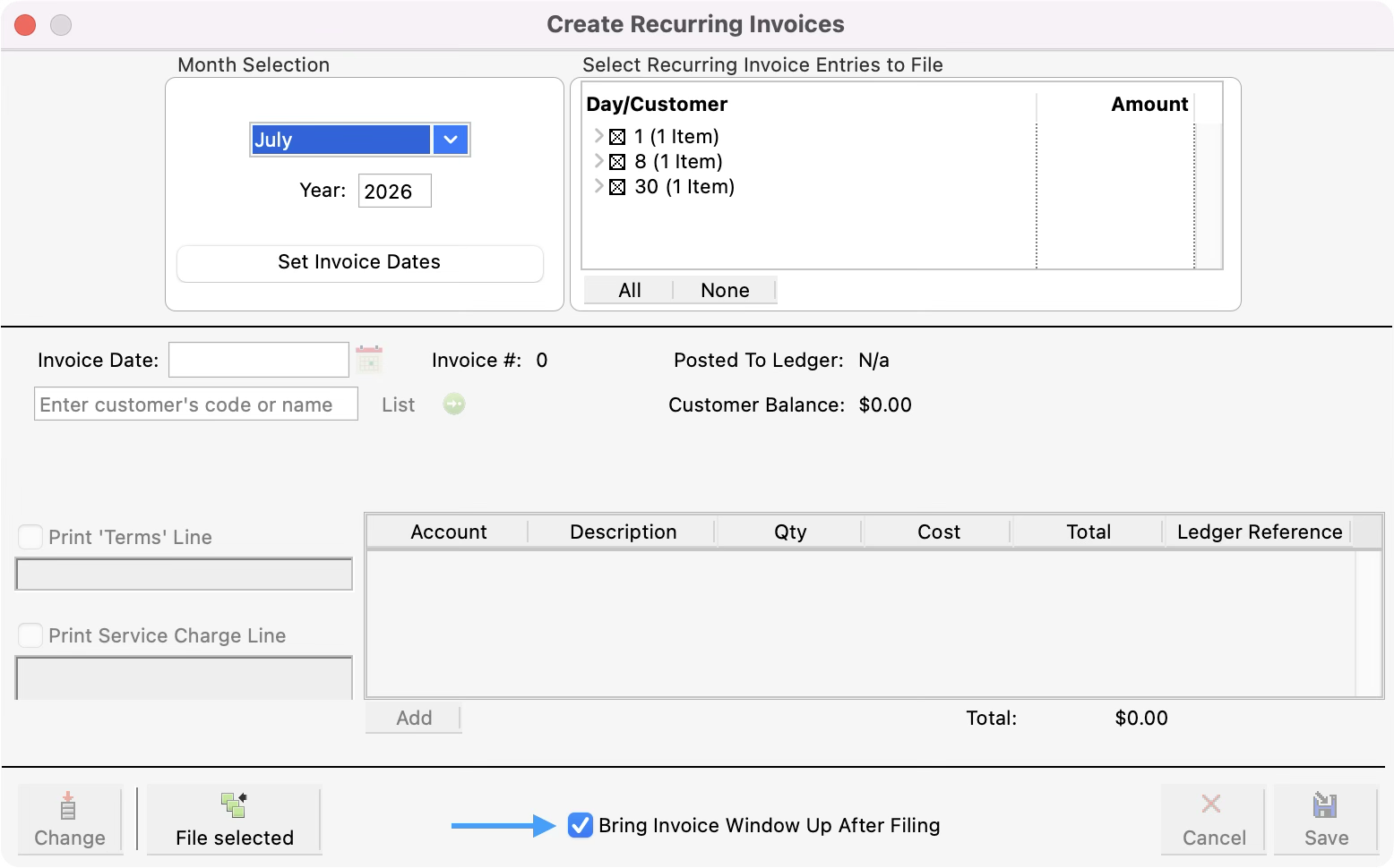 Create Recurring Invoices window with an arrow pointing at Bring Invoices up after filing checkbox.