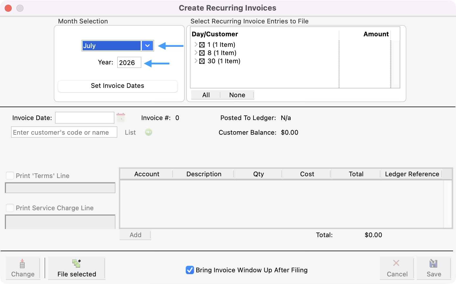 Create Recurring Invoices window with an arrow pointing to the month drop-down and year field.
