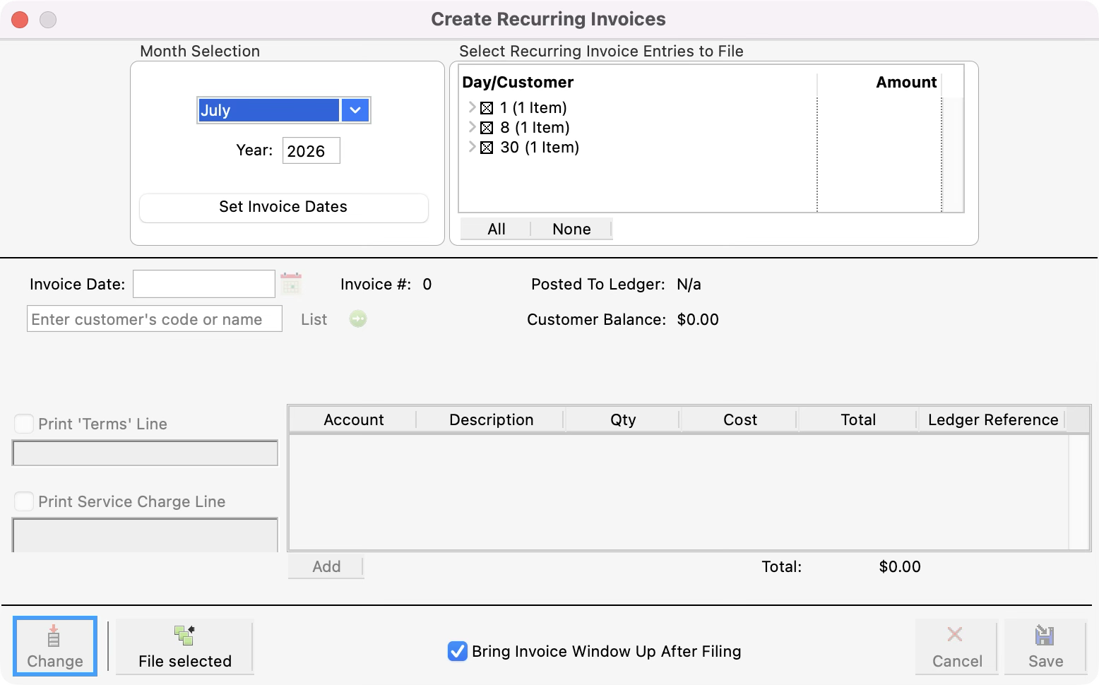 Create Recurring Invoices window with the Change button highlighted.