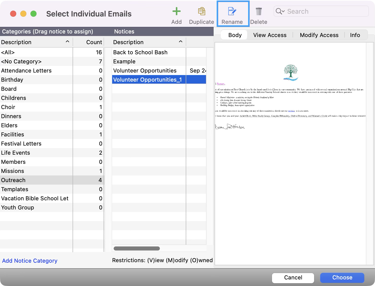 Select Individual Email window with a notice selected and the rename button highlighted.