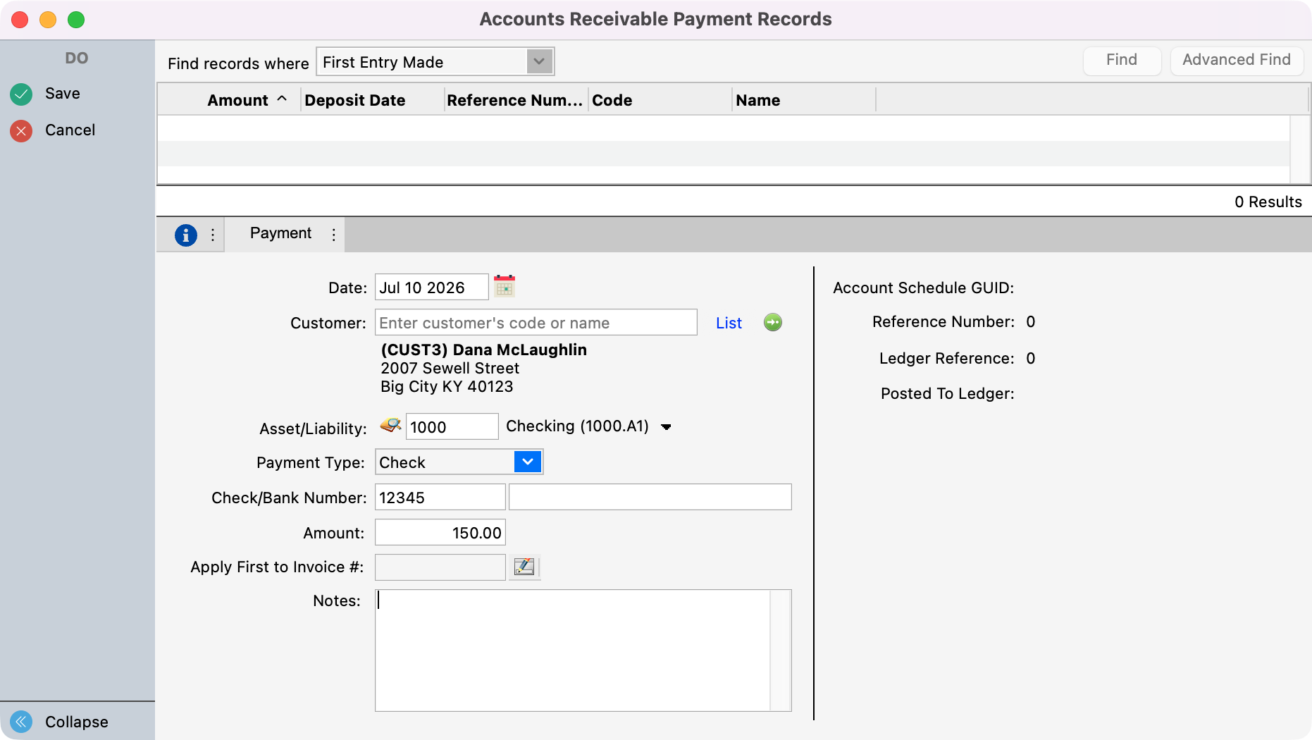 Accounts Receivable Payment Records window.
