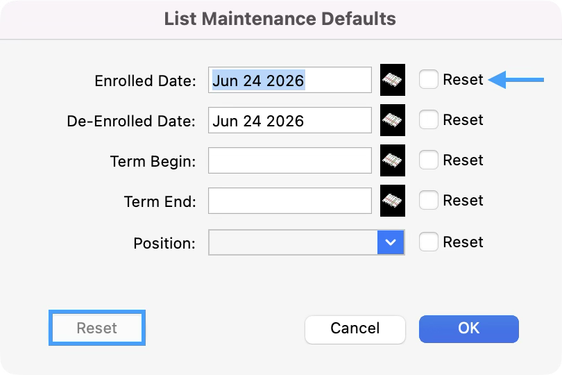 List Maintenance Defaults window with an arrow pointing to the Reset checkbox and the Reset button highlighted.