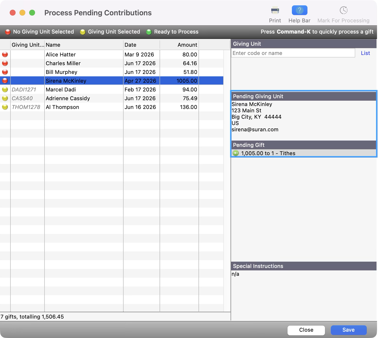 Process Pending Contributions window with a giver selected and their gift details highlighted.