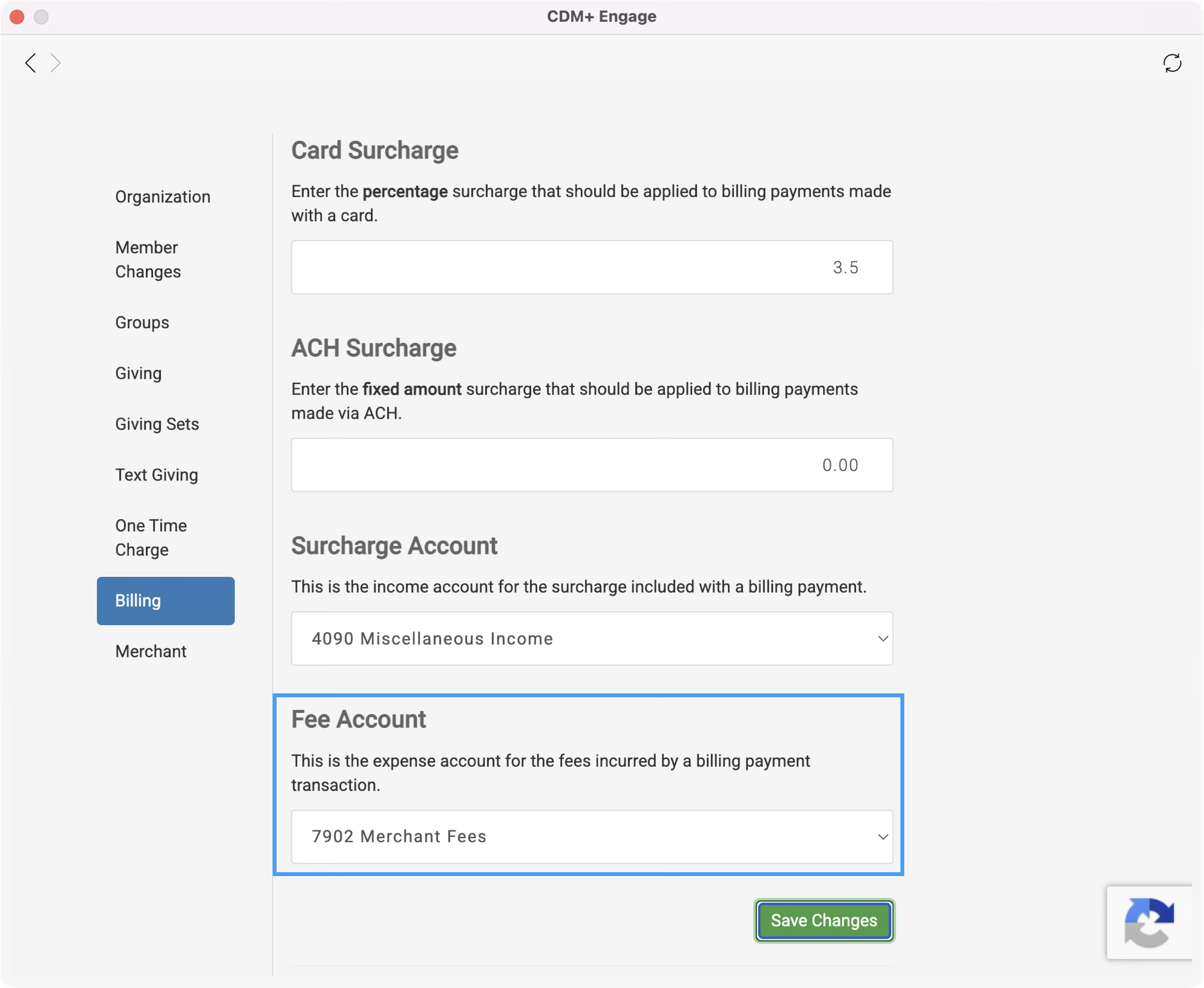 The Billing Engage setting page with the Fee Account section highlighted.