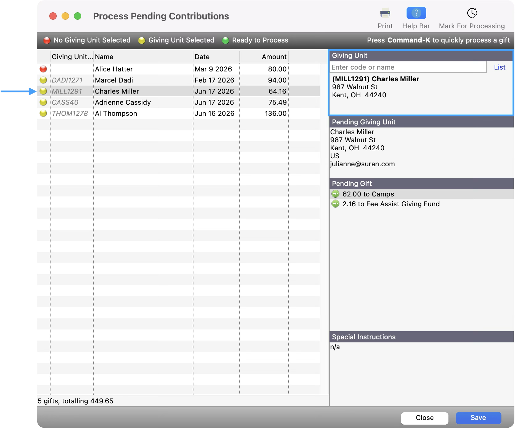 The contribution is still selected and the dot is now yellow. The Giving Unit is highlighted. 