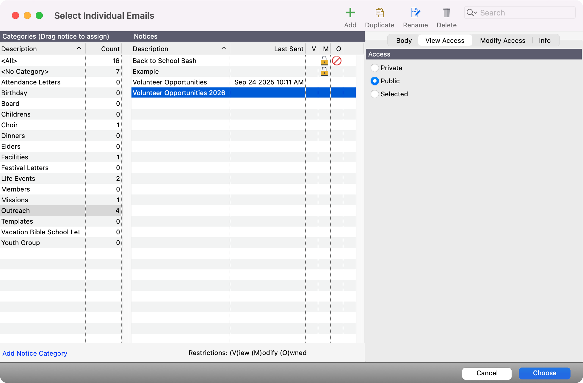 Select Individual Email window with the view access tab highlighted. 