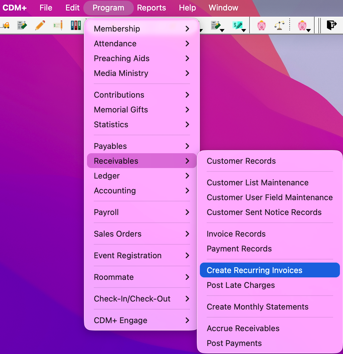 Navigation to Create Recurring Invoices.