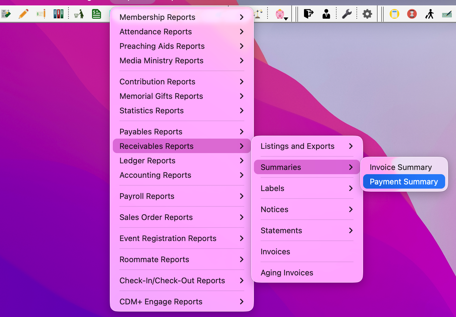 Navigation to Payment Summary Report.