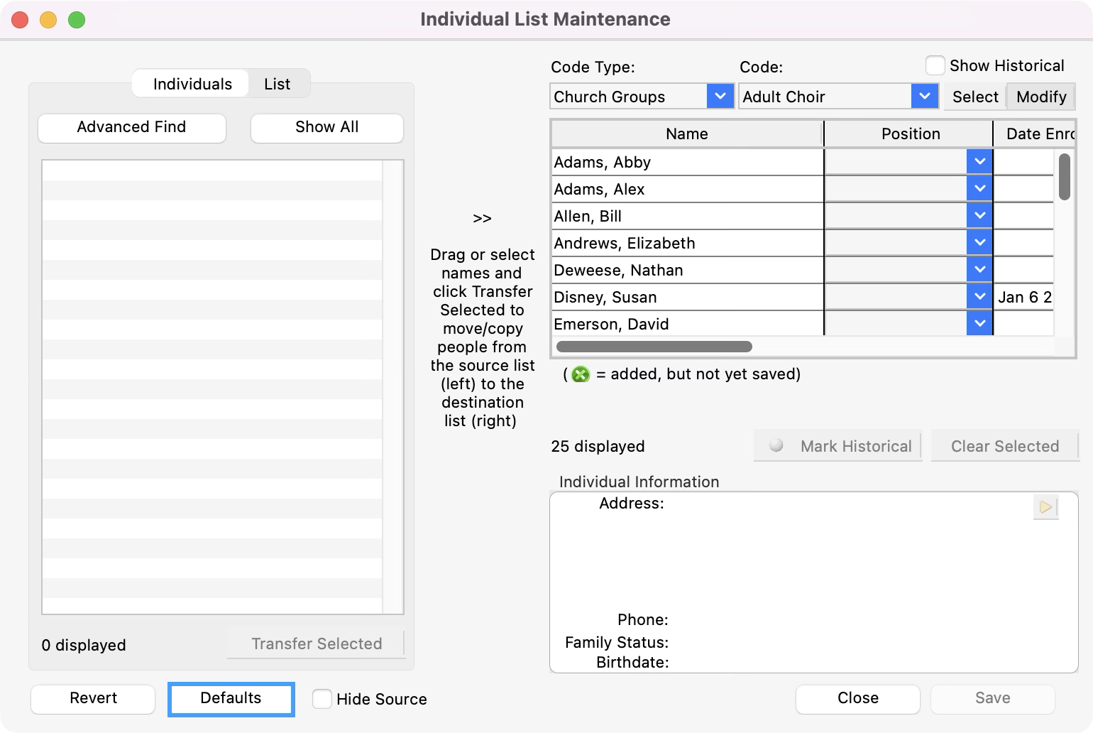 Individual List Maintenance window with the Defaults button highlighted.