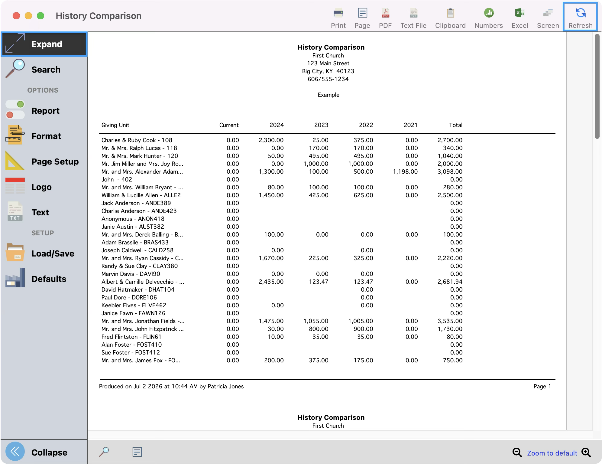 History Comparison report window with the Refresh and Expand options highlighted.
