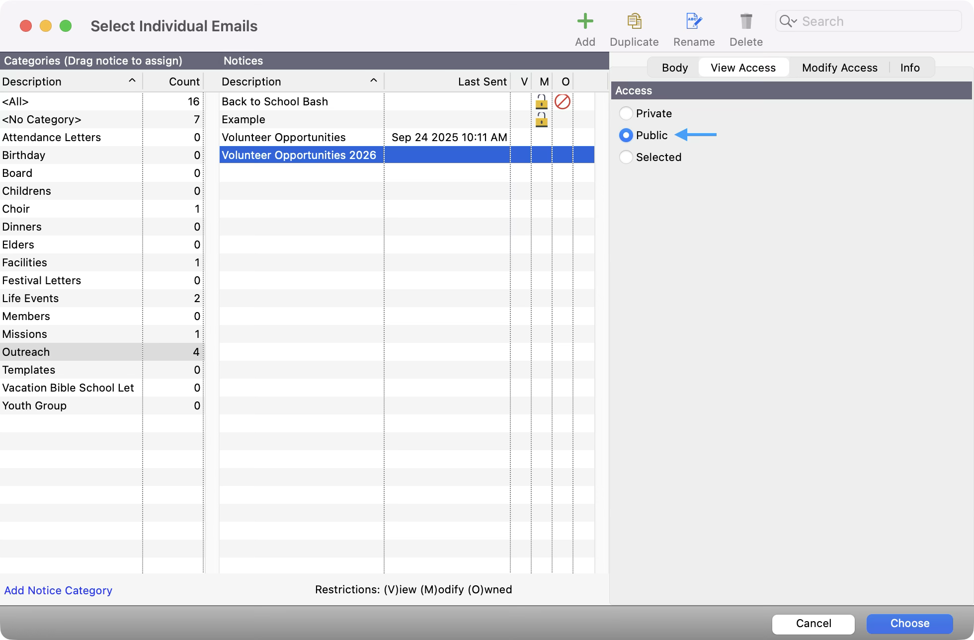 Select Individual Emails window with an arrow pointing to public.