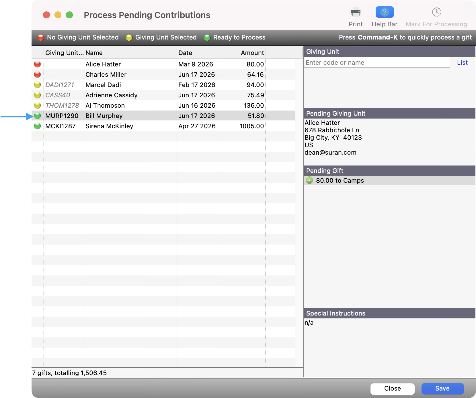 Process Pending Contribution window with an arrow pointing to a green dot. 