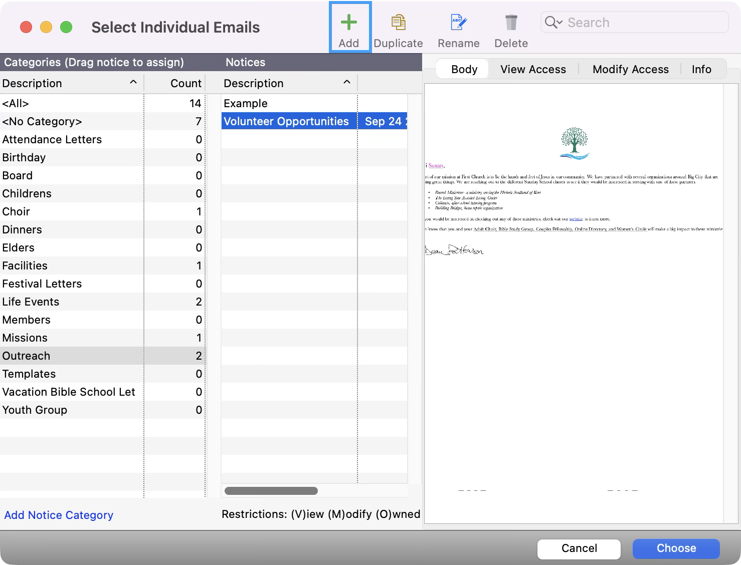 Select Individual Emails window with the Add button highlighted. 