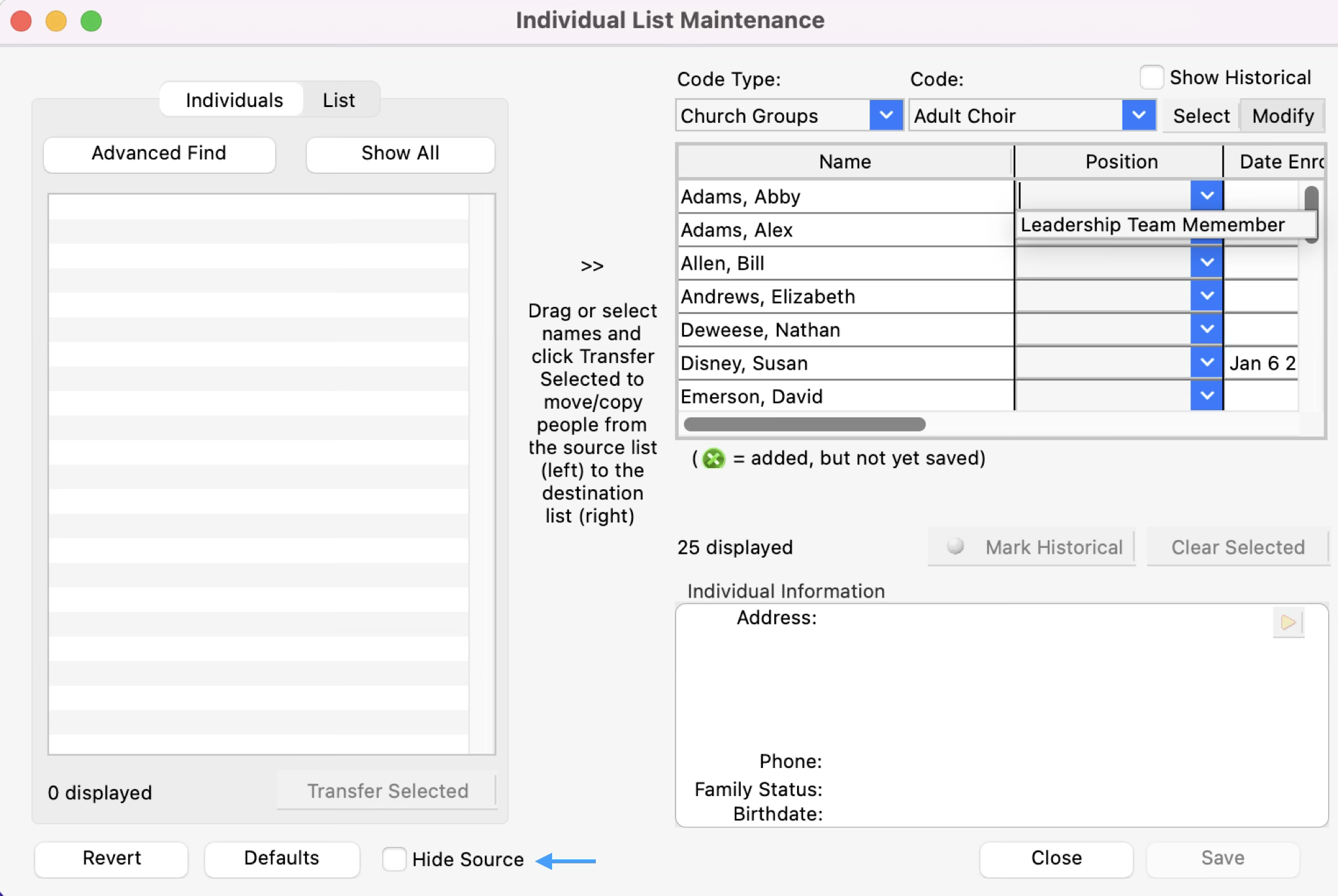 Individual List Maintenance window with an arrow pointing to the Hide Source checkbox.