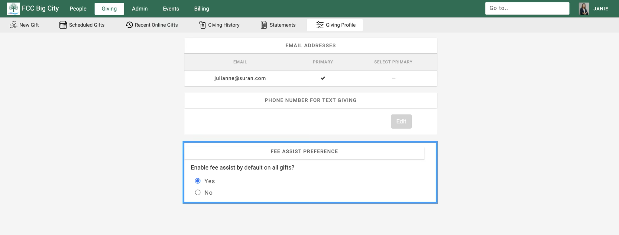 Giving Profile menu with the Fee Assist Preference section highlighted. 