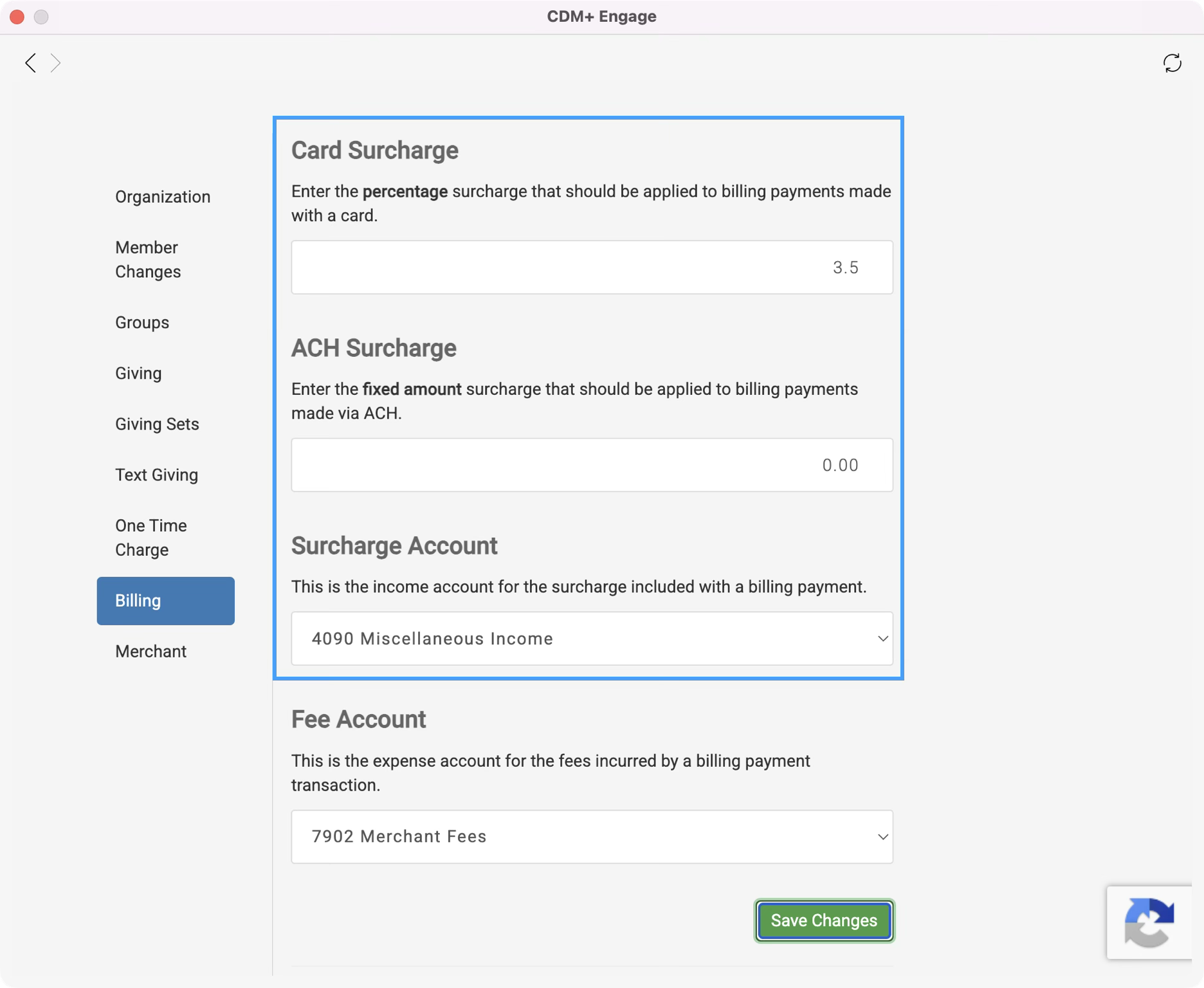 The Billing Engage setting page with the Card Surcharge, ACH Surcharge, and Surcharge Account sections highlighted.
