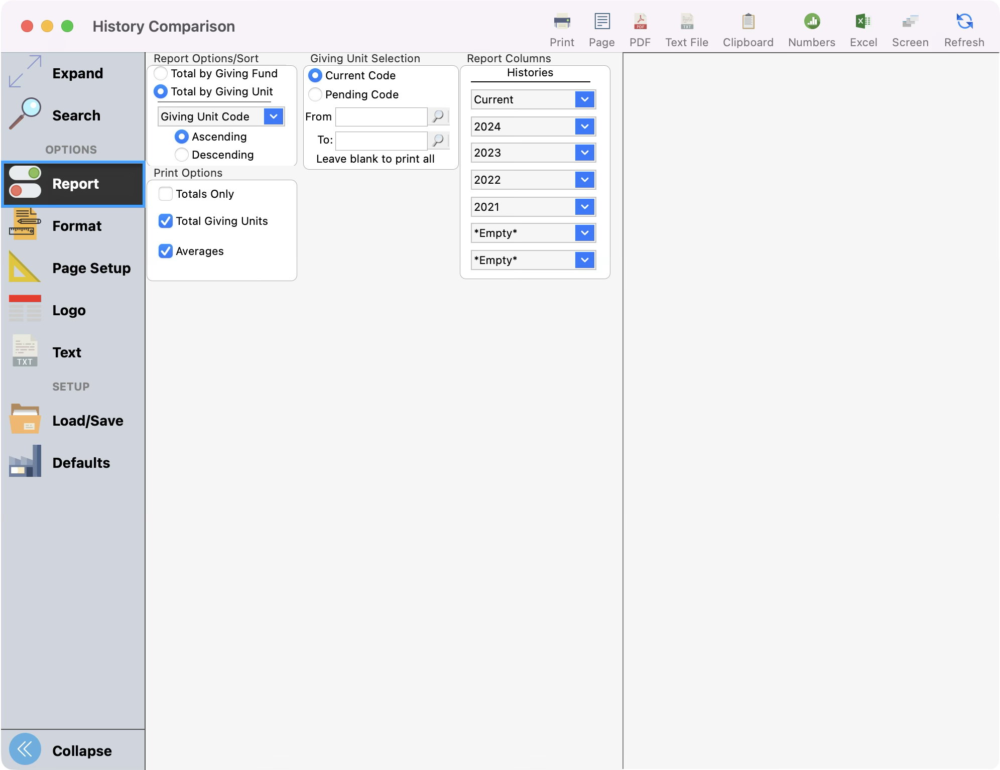 History Comparison window with the Report menu highlighted in the left sidebar.