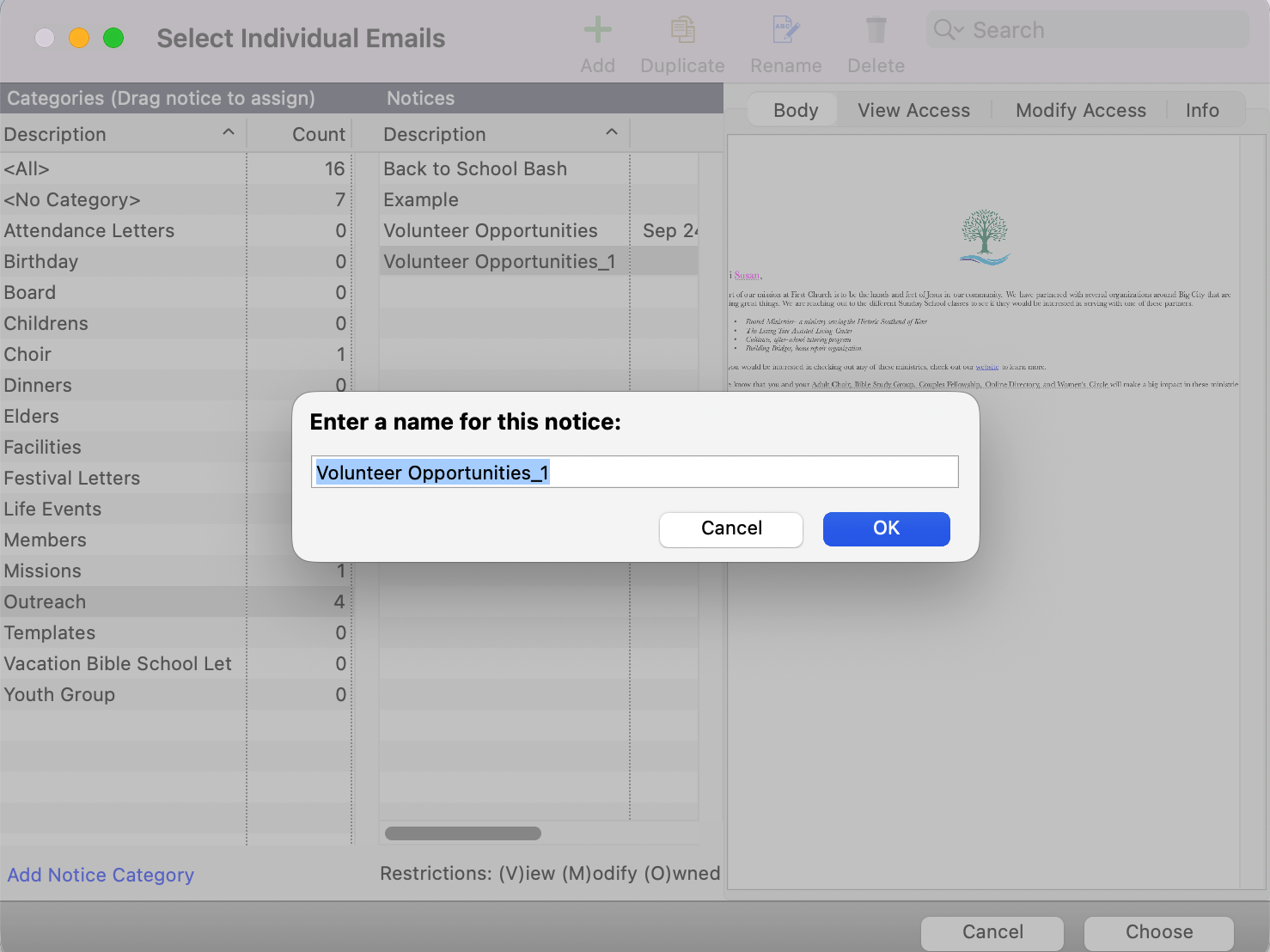 Select Individual Emails window with prompt asking you to enter in a name.