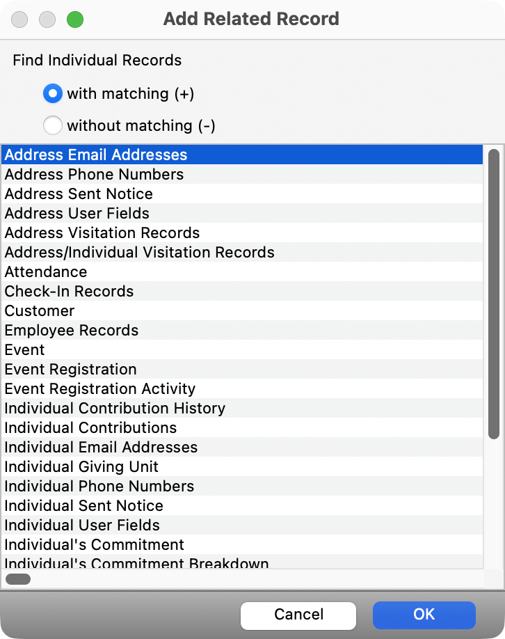 Add Related Record window pop-up.