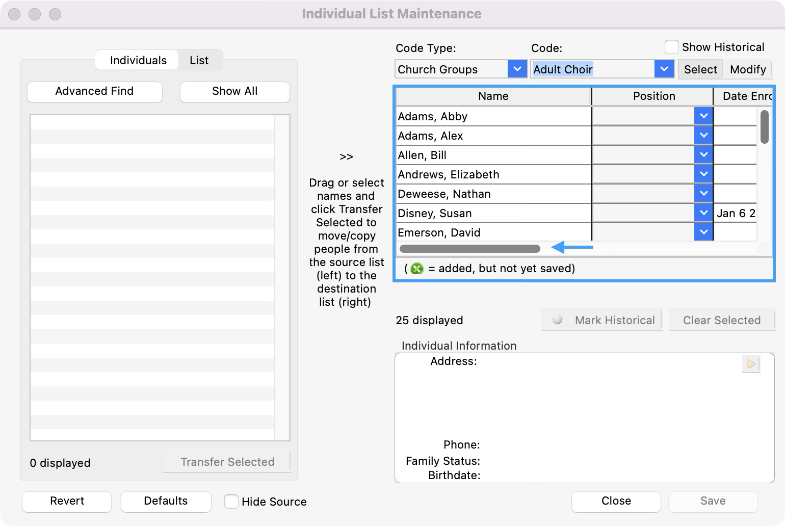 Individual List Maintenance window with the list of names highlighted and an arrow pointed at the scroll bar.