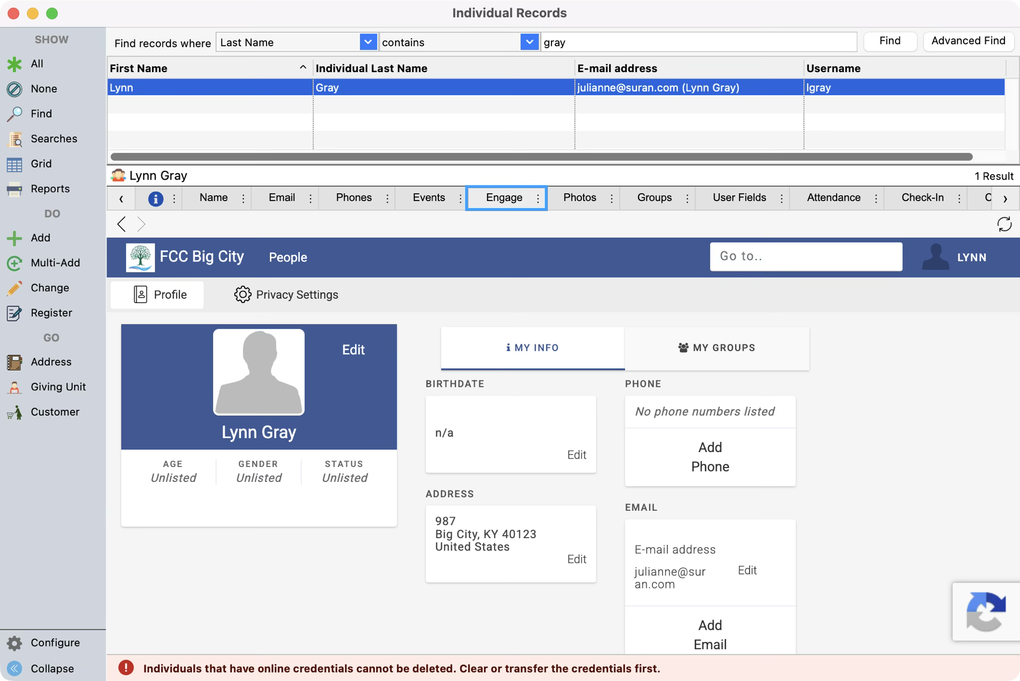 The Individual Records window with an individual selected and the Engage tab highlighted. 