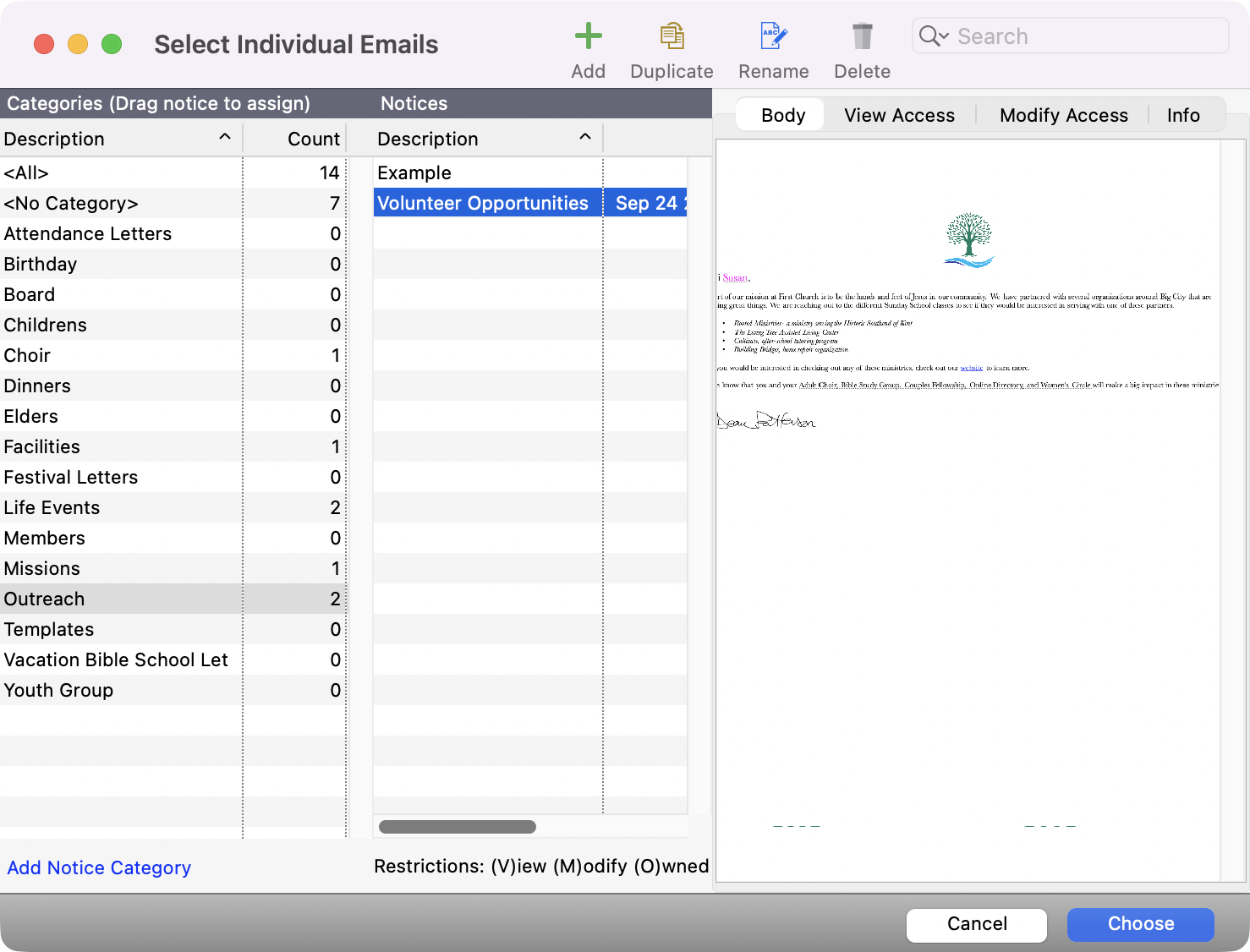 Select Individual Emails window.