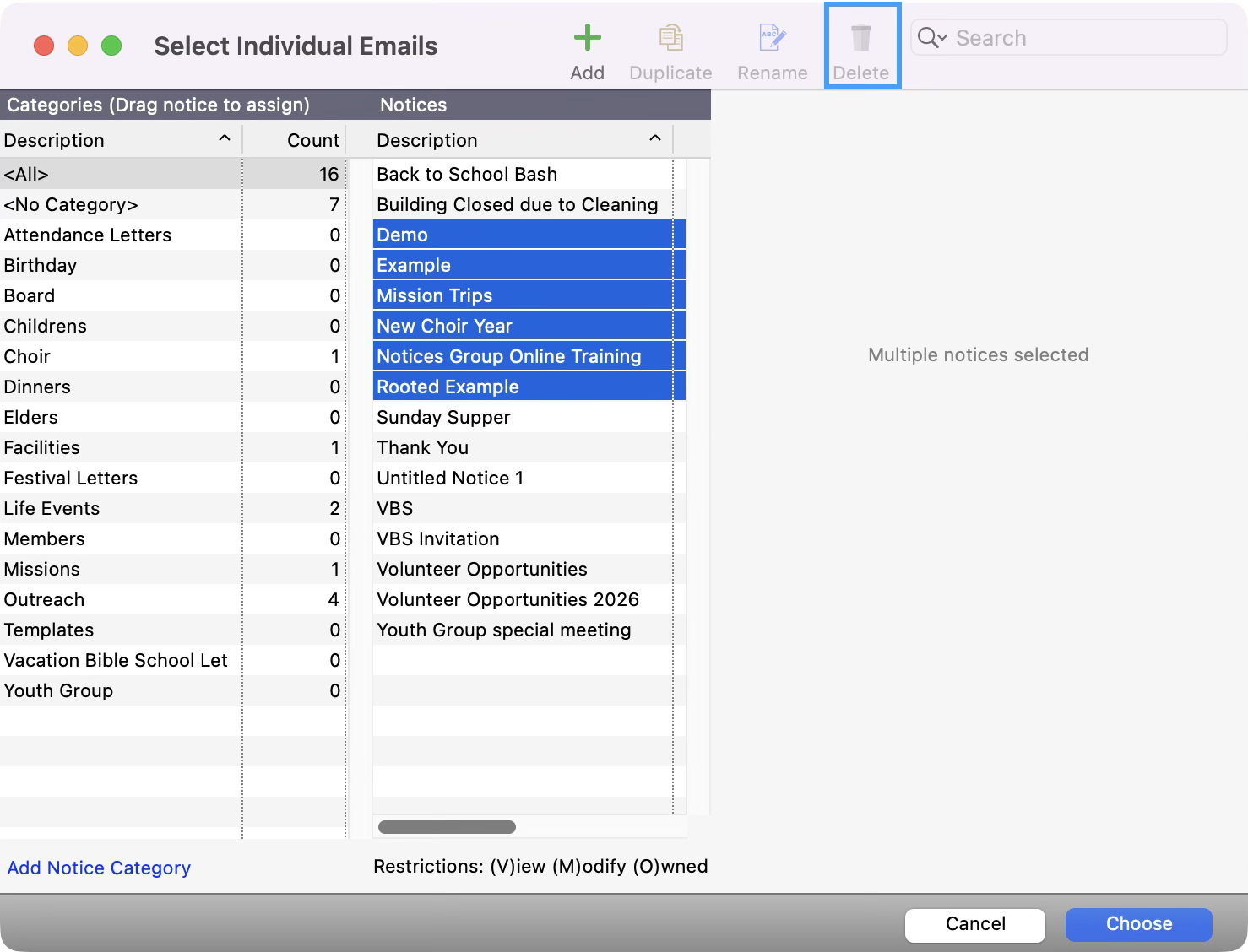 Select Individual Emails window with several notices selected.