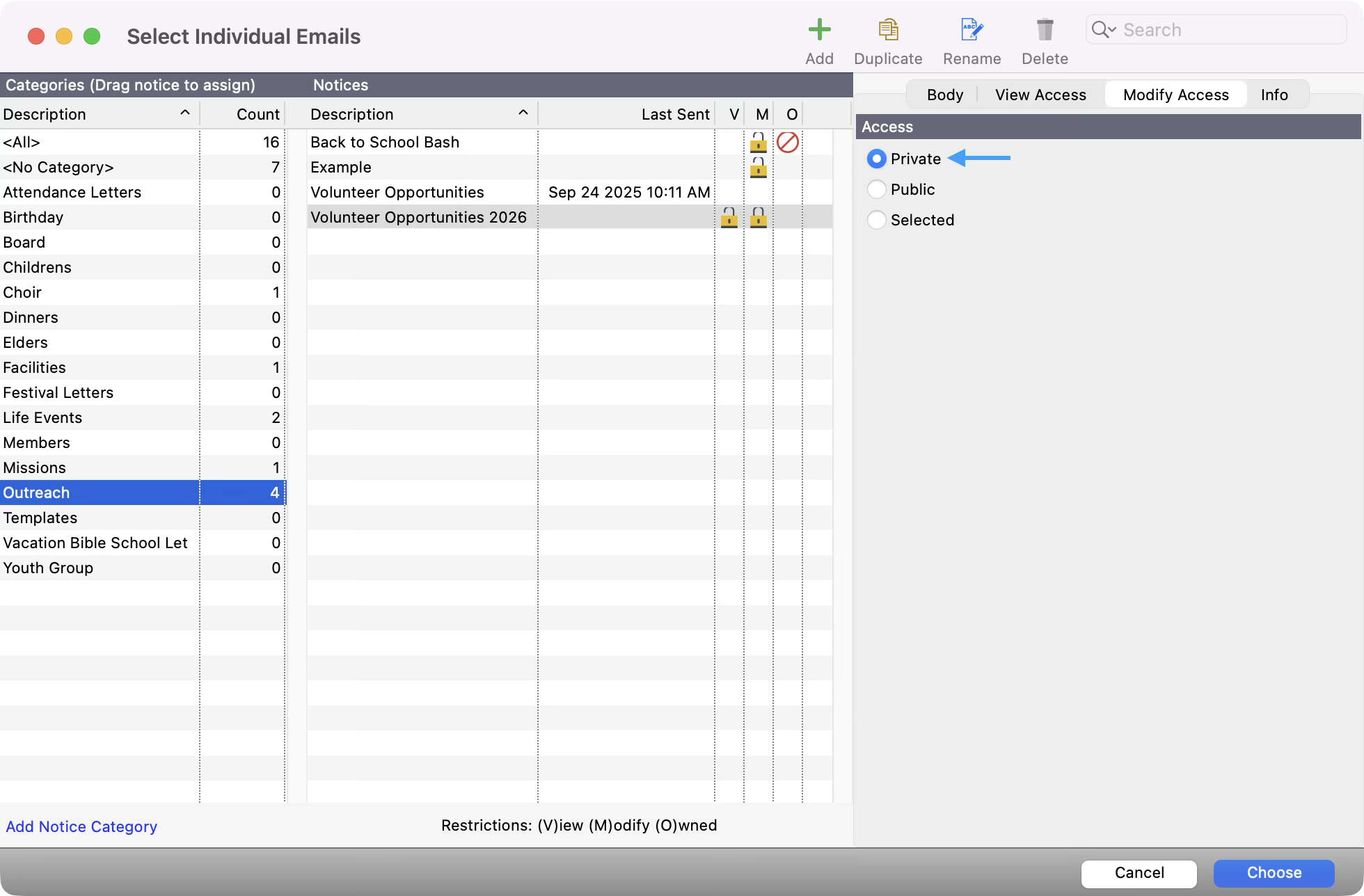 Select Individual Emails window with an arrow pointing to private under the modify tab. 