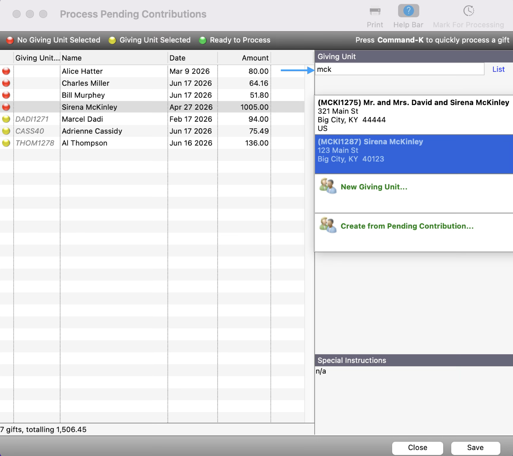 Process Pending Contribution window showing how to search and select a giving unit.