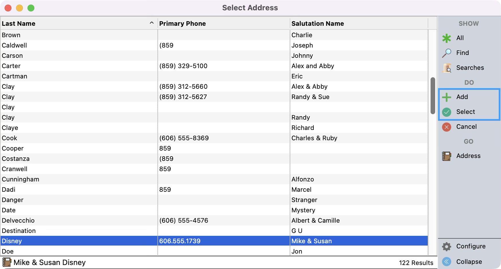 Select Address window with the  Add and Select buttons highlighted in the right sidebar.