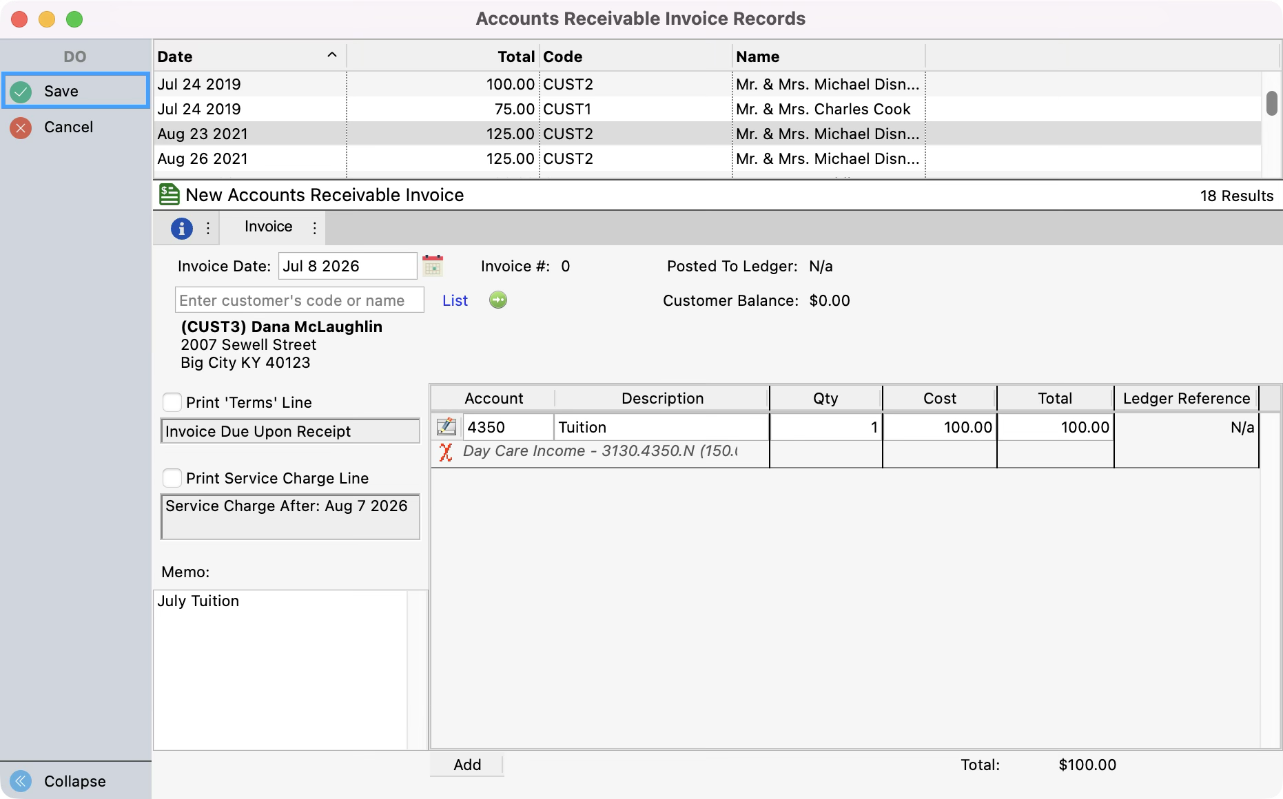 Accounts Receivable Invoice Records with the save button highlighted in the left sidebar.