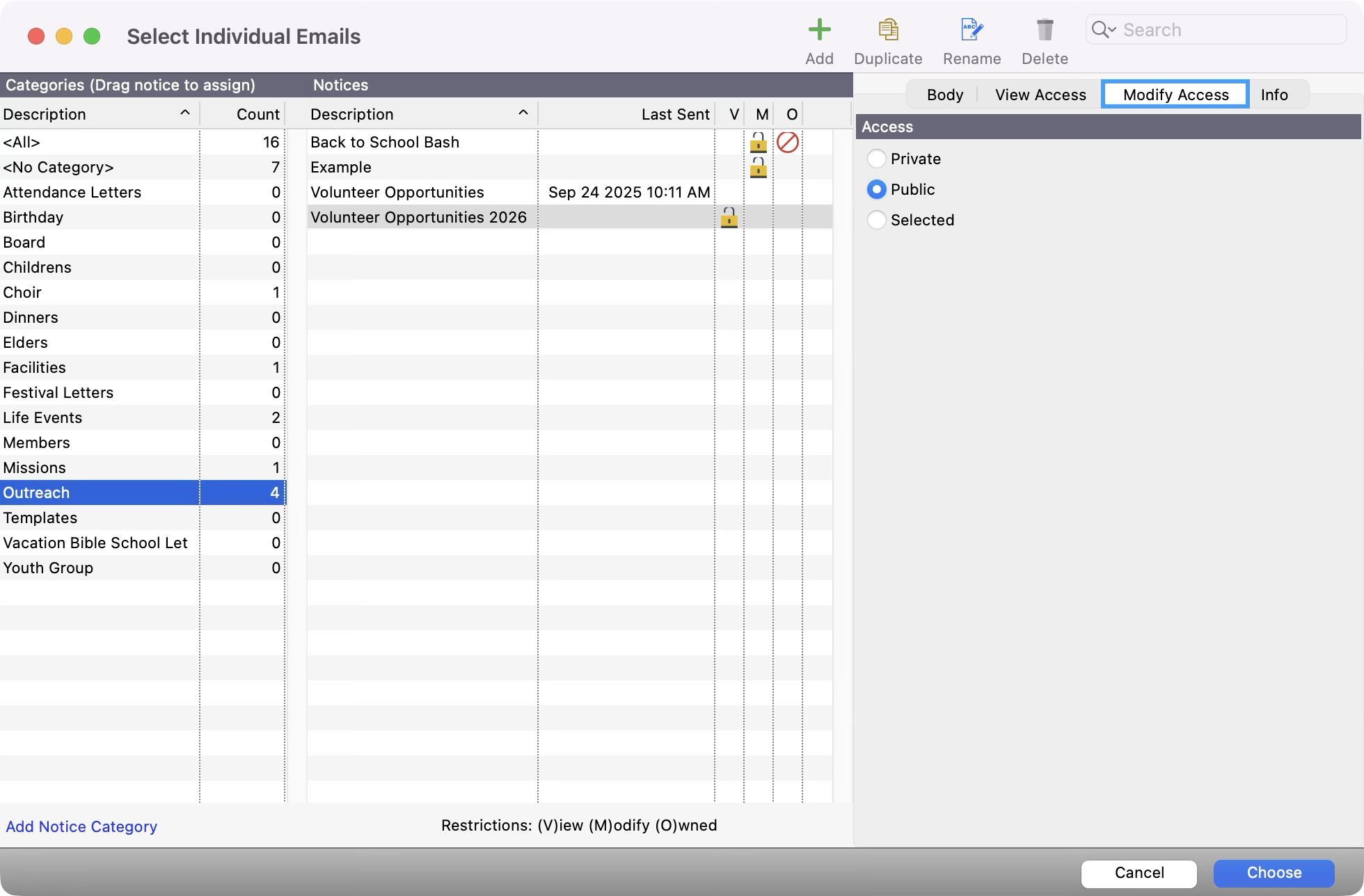 Select Individual Emails window with the Modify Access tab highlighted.