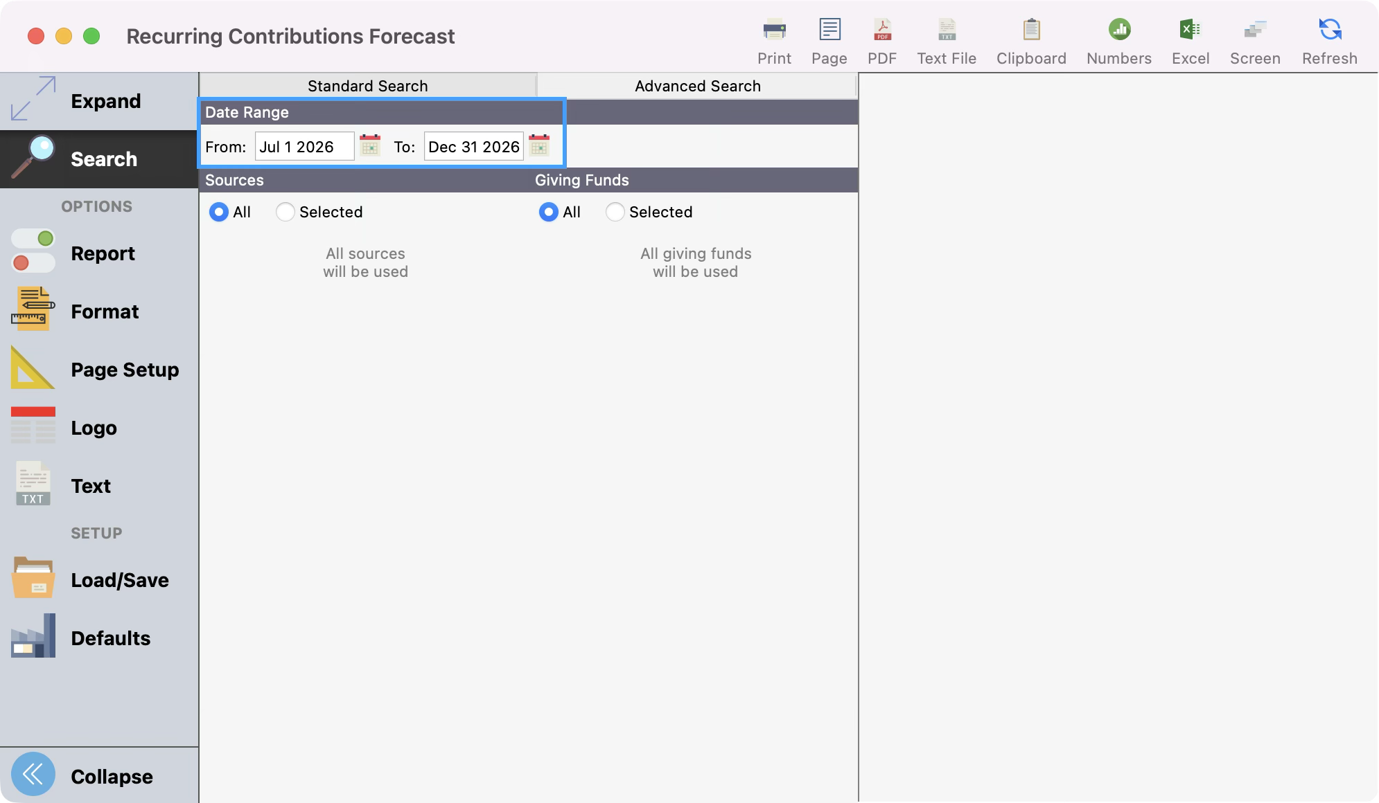 Recurring Forecast report window with the date range highlighted.