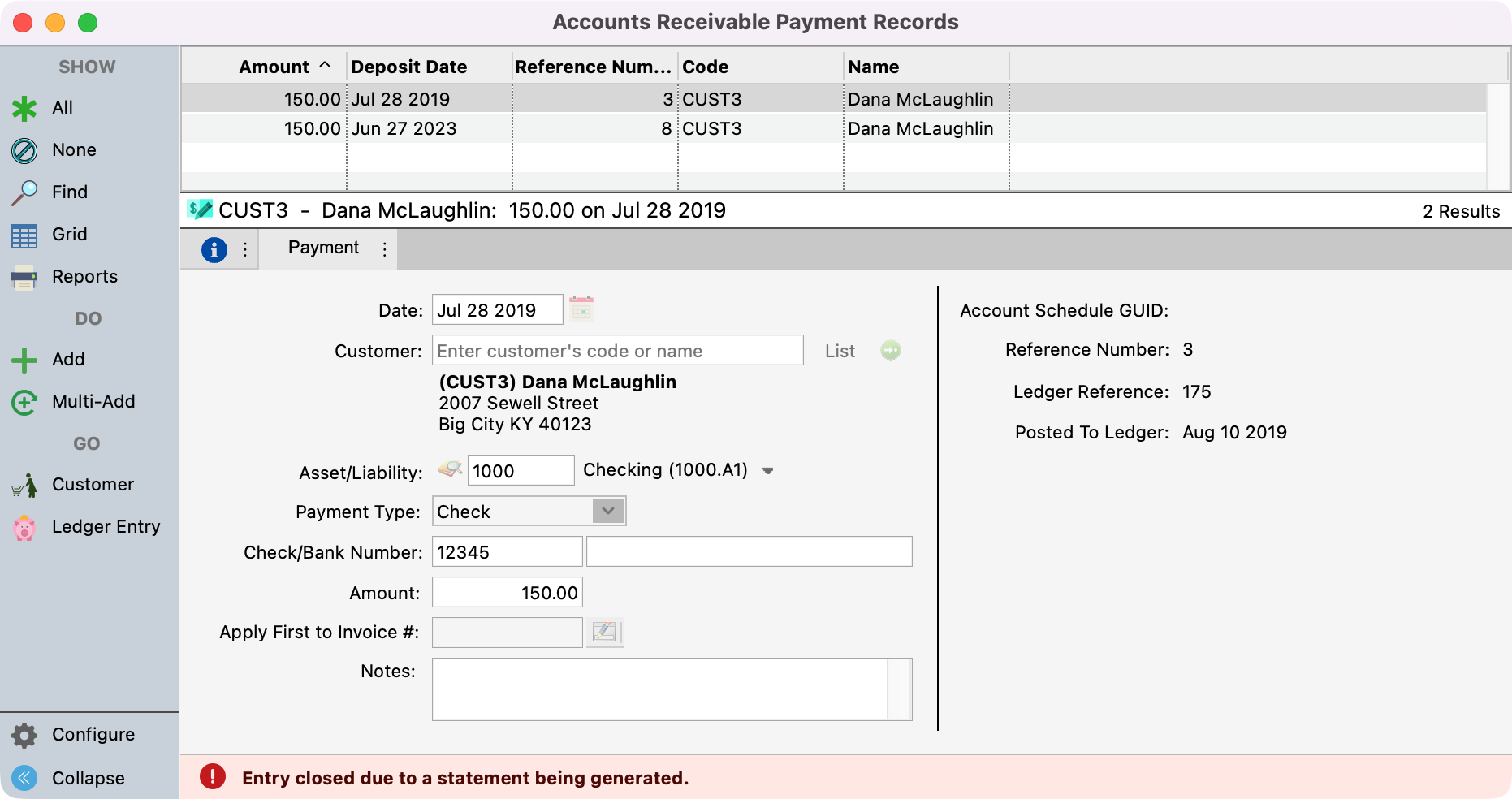 Accounts Receivable Payment Records window for a customer.