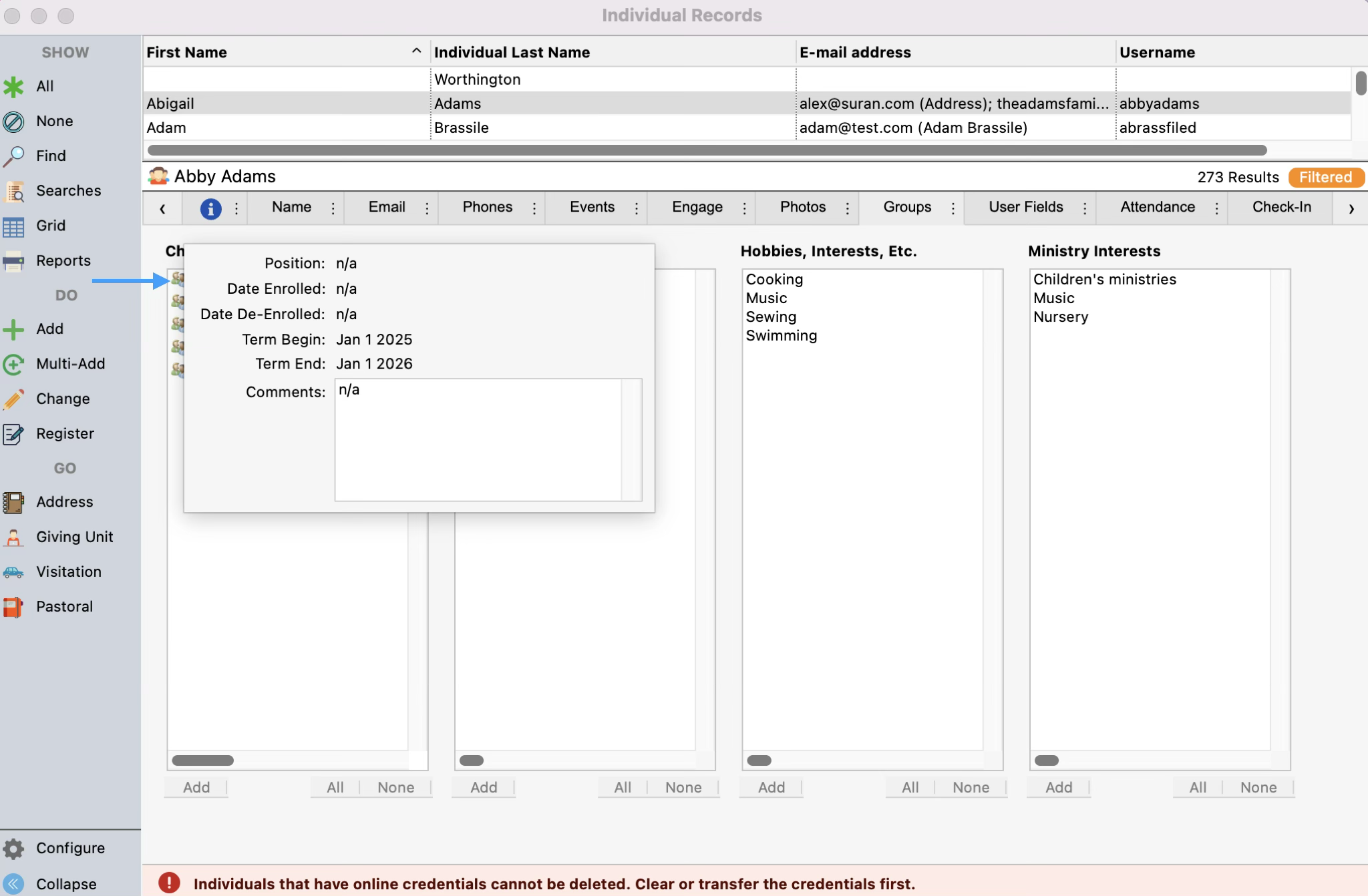 The Individual Record window with an arrow pointing to the icon and the pop-up of the detailed tracking information showing.