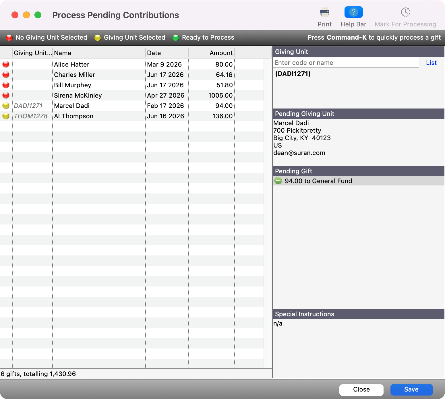 Process Pending Contribution window.