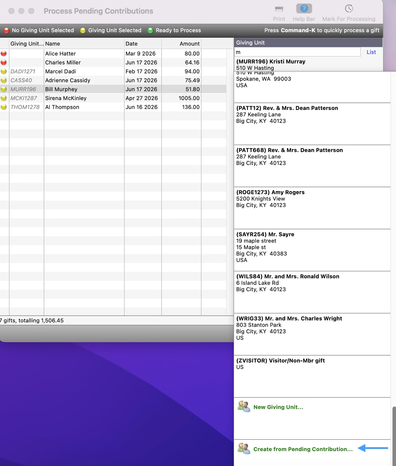 An arrow pointing to the Create from Pending Contribution option. 