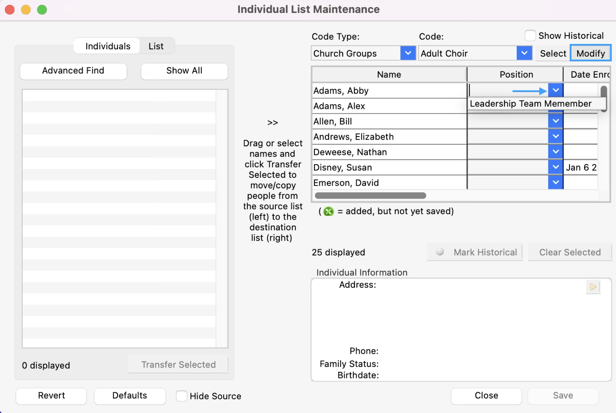 Individual List Maintenance window with the modify button highlighted and an arrow pointing to the drop-list next to position.